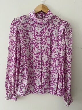 NICOLA Purple and White Pleated Mock Neck Blouse floral made in USA size 10